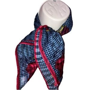 Ralph Lauren Houndstooth Rose 100% Printed Silk Blue Red Scarf Purse Tie 21”x21”